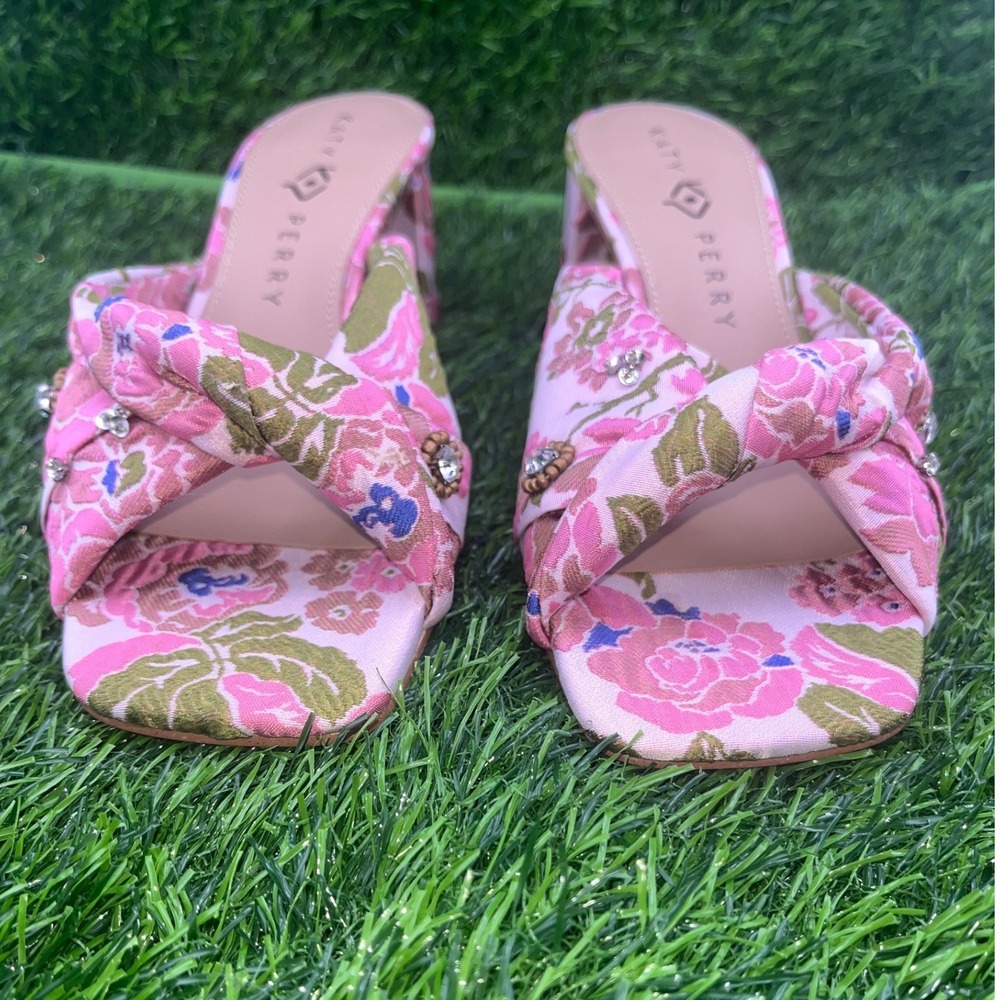 Katy Perry Pink Floral Square Toe Heeled Mules Women's Size 7M Brunch Wedding - Picture 3 of 13